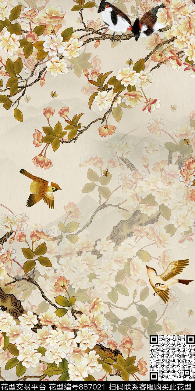 乱花花鸟中国风数码印花华亿平台下载（图片编号: 887021） - 瓦栏（Walan）