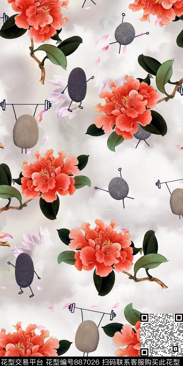 大花花卉中国风数码印花华亿平台下载（图片编号: 887026） - 瓦栏（Walan）