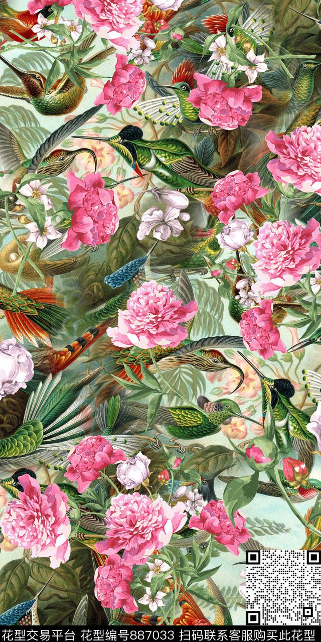 玉兰花乱花牡丹数码印花华亿平台下载（图片编号: 887033） - 瓦栏（Walan）