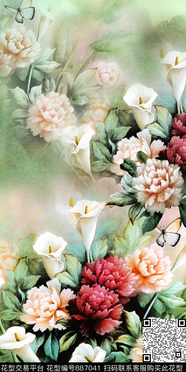 牡丹水彩花卉唯美花卉数码印花华亿平台下载（图片编号: 887041） - 瓦栏（Walan）