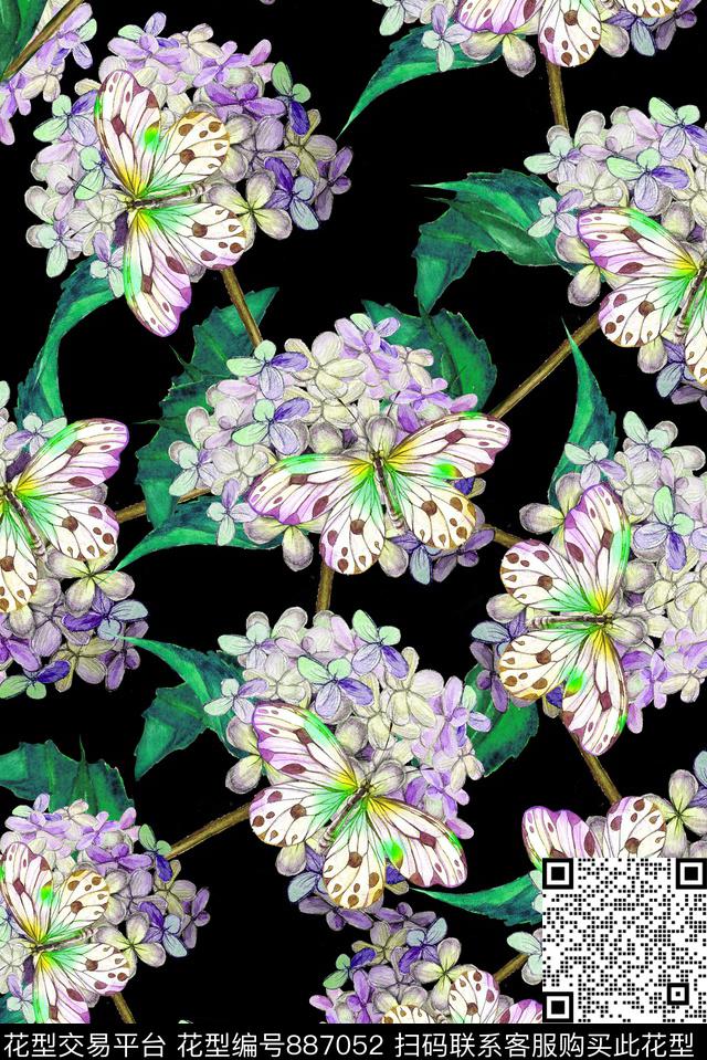 花卉蝴蝶薰衣草数码印花华亿平台下载（图片编号: 887052） - 瓦栏（Walan）