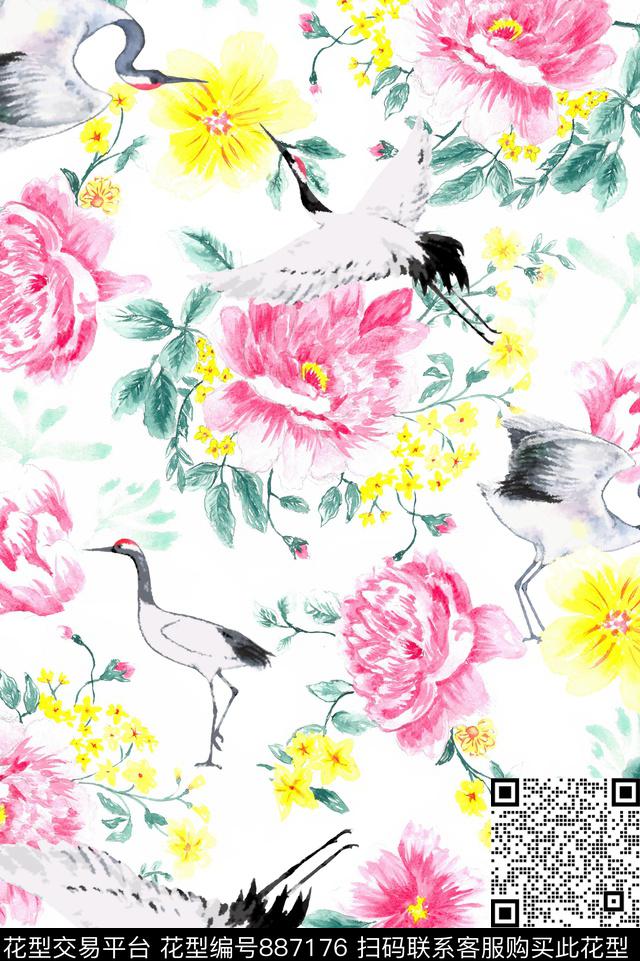 中国风时尚女装水彩花卉传统印花华亿平台下载（图片编号: 887176） - 瓦栏（Walan）