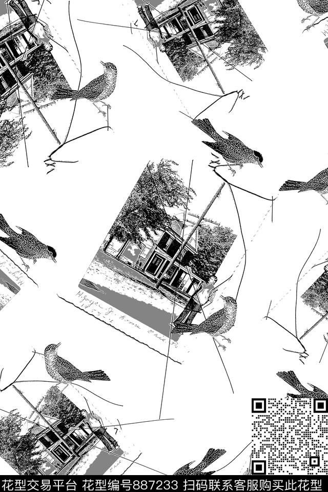 抽象纹理风景鸟传统印花华亿平台下载（图片编号: 887233） - 瓦栏（Walan）