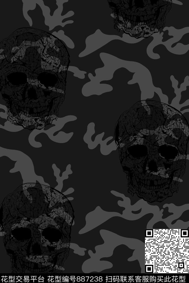 迷彩纹理骷髅头男装T恤华亿平台传统印花华亿平台下载（图片编号: 887238） - 瓦栏（Walan）