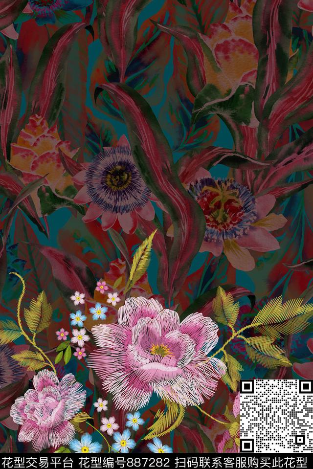 花卉民族风中国风数码印花华亿平台下载（图片编号: 887282） - 瓦栏（Walan）