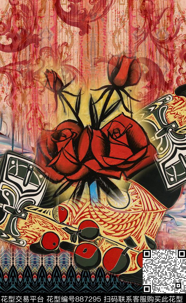 波西米亚油画笔触中国风数码印花华亿平台下载（图片编号: 887295） - 瓦栏（Walan）