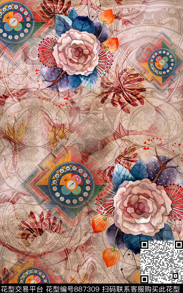 波西米亚油画笔触民族风数码印花华亿平台下载（图片编号: 887309） - 瓦栏（Walan）