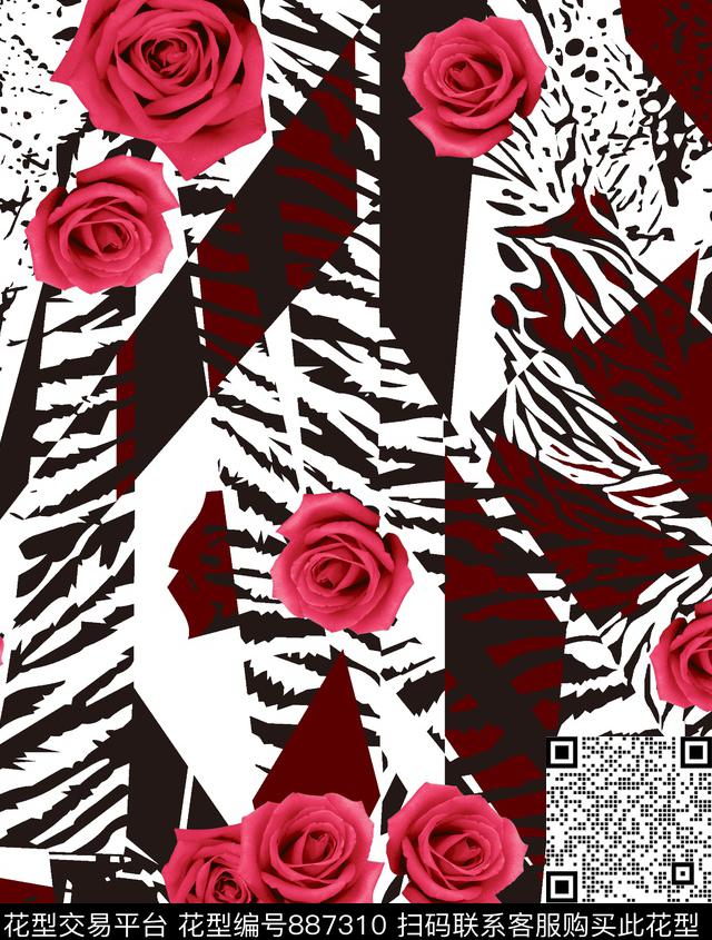 玫瑰大花花朵数码印花华亿平台下载（图片编号: 887310） - 瓦栏（Walan）
