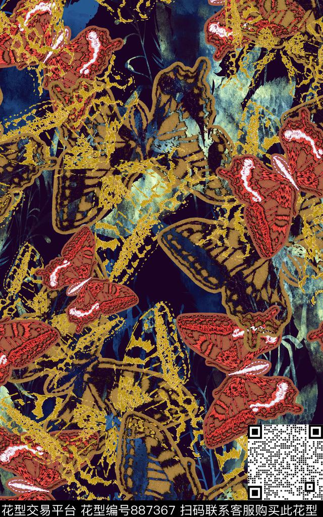 昆虫蝴蝶刺绣数码印花华亿平台下载（图片编号: 887367） - 瓦栏（Walan）
