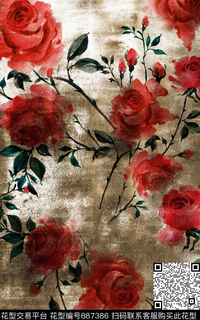 花卉斑驳水彩数码印花华亿平台下载（图片编号: 887386） - 瓦栏（Walan）