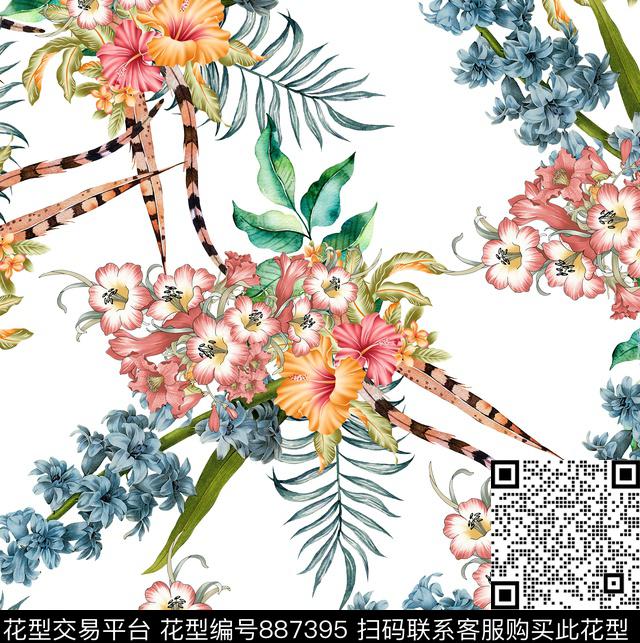 叶子花卉热带数码印花华亿平台下载（图片编号: 887395） - 瓦栏（Walan）