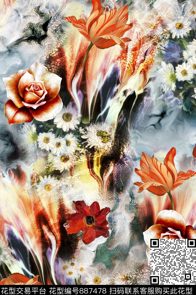 肌理碎花油画数码印花华亿平台下载（图片编号: 887478） - 瓦栏（Walan）