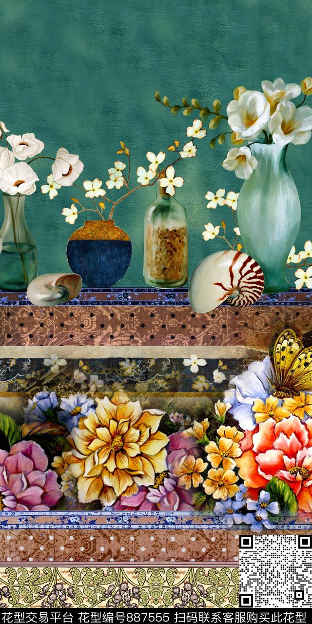 民族风条纹花卉数码印花华亿平台下载（图片编号: 887555） - 瓦栏（Walan）