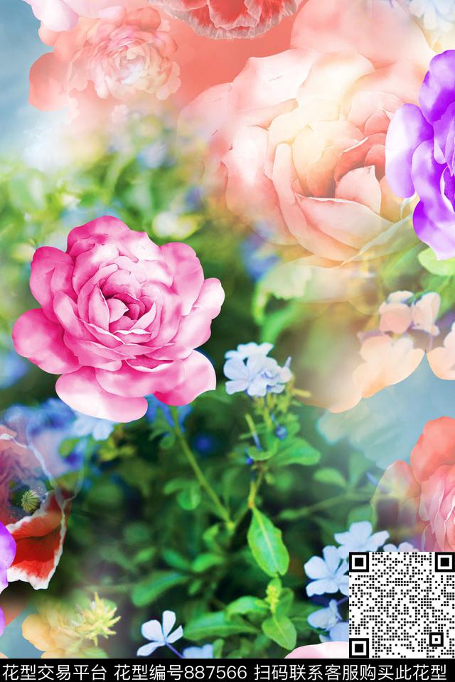 乱花花朵时尚大牌数码印花华亿平台下载（图片编号: 887566） - 瓦栏（Walan）