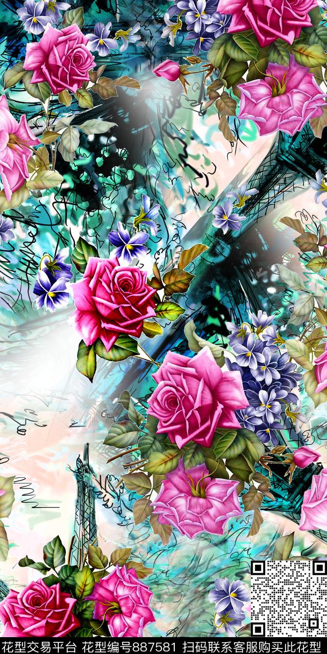 花朵手绘数码印花数码印花华亿平台下载（图片编号: 887581） - 瓦栏（Walan）