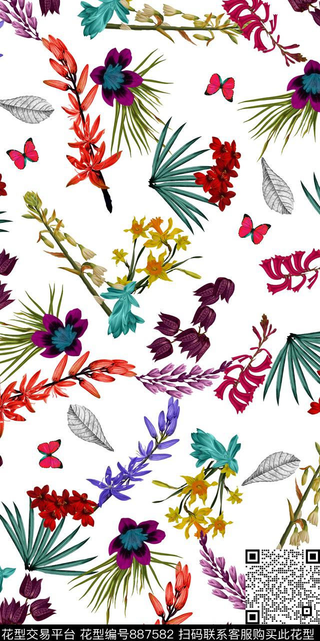 花朵手绘数码印花数码印花华亿平台下载（图片编号: 887582） - 瓦栏（Walan）