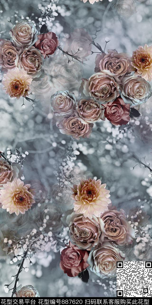 花卉数码玫瑰数码印花华亿平台下载（图片编号: 887620） - 瓦栏（Walan）