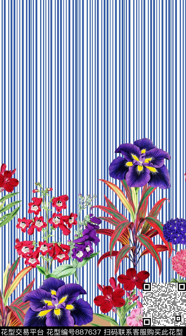 手绘花卉线条定位数码印花华亿平台下载（图片编号: 887637） - 瓦栏（Walan）