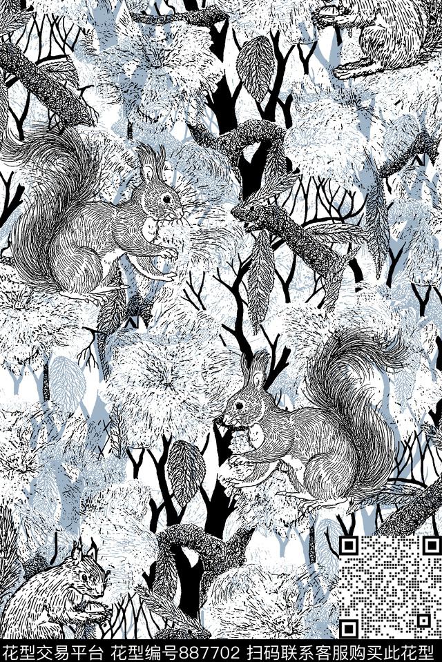 抽象纹理树枝纹理松鼠传统印花华亿平台下载（图片编号: 887702） - 瓦栏（Walan）
