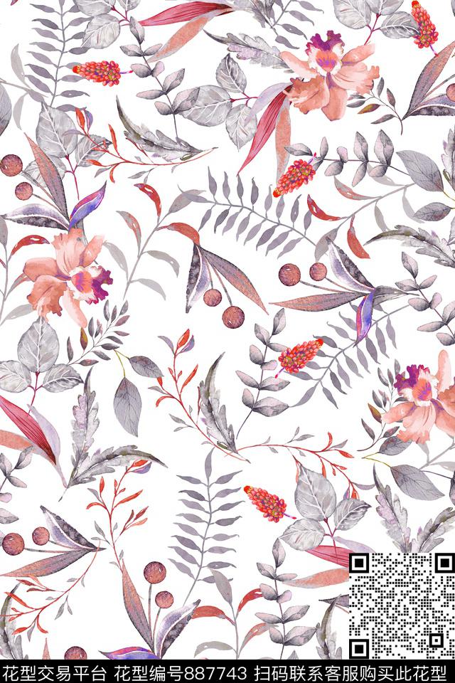 花卉叶子复古数码印花华亿平台下载（图片编号: 887743） - 瓦栏（Walan）