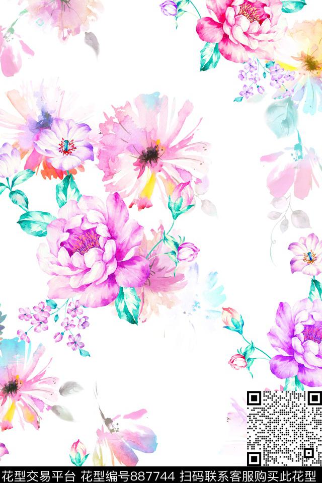大花花卉水彩数码印花华亿平台下载（图片编号: 887744） - 瓦栏（Walan）