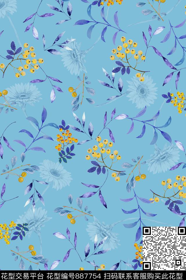 菊花叶子枇杷数码印花华亿平台下载（图片编号: 887754） - 瓦栏（Walan）