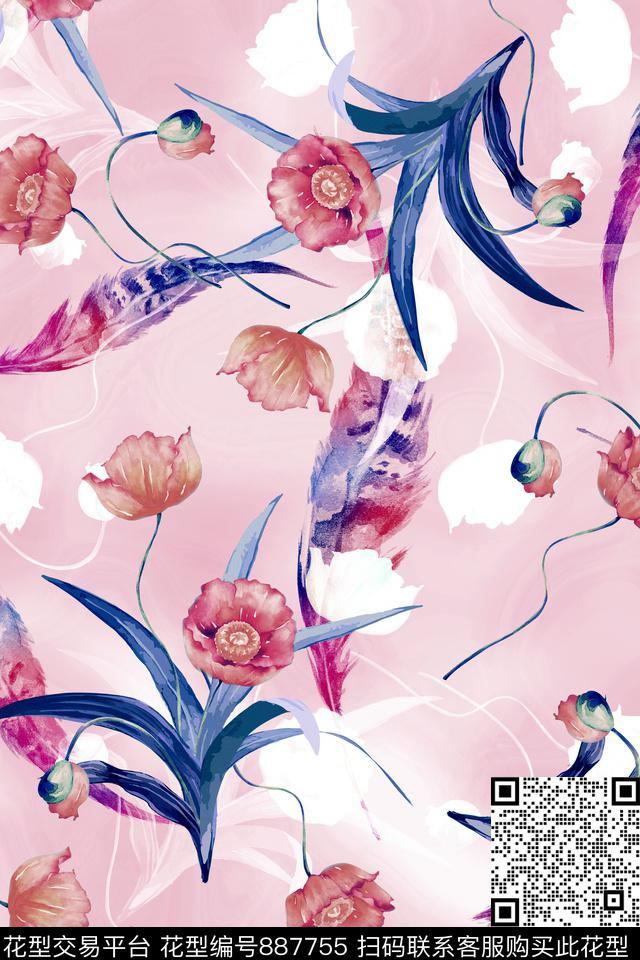 花卉罂粟花羽毛数码印花华亿平台下载（图片编号: 887755） - 瓦栏（Walan）
