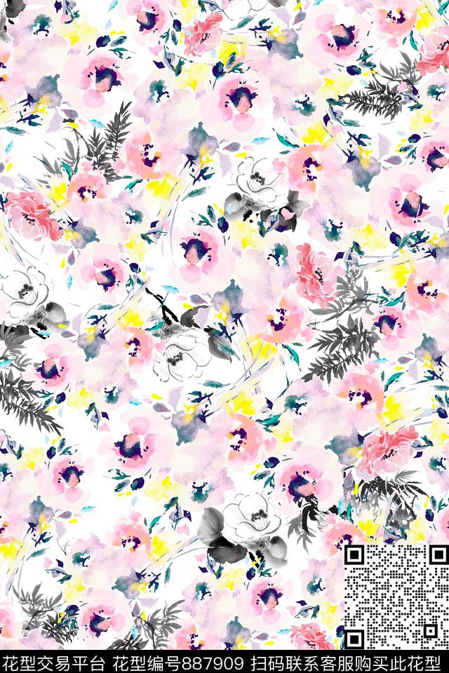花卉趣味水彩数码印花华亿平台下载（图片编号: 887909） - 瓦栏（Walan）