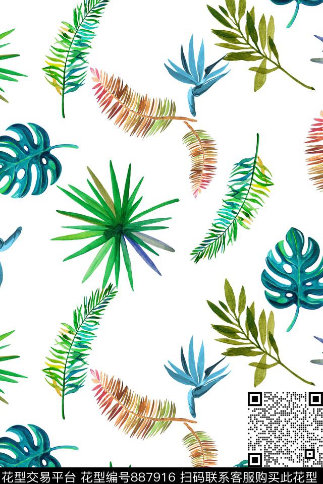 热带风树叶清新传统印花华亿平台下载（图片编号: 887916） - 瓦栏（Walan）