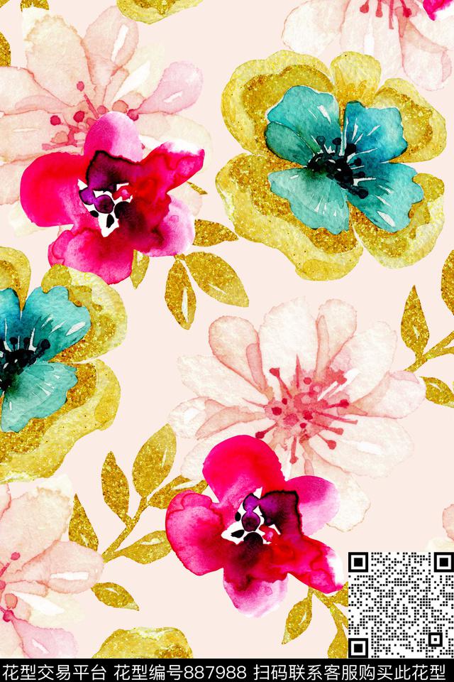 时尚手绘水彩数码印花华亿平台下载（图片编号: 887988） - 瓦栏（Walan）