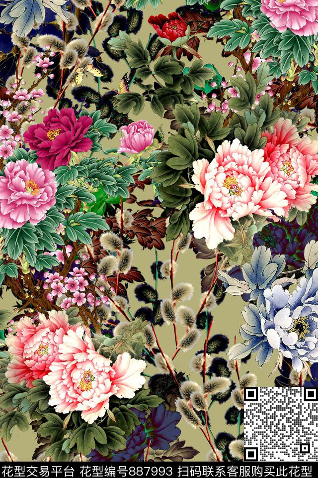 中国风手绘牡丹数码印花华亿平台下载（图片编号: 887993） - 瓦栏（Walan）