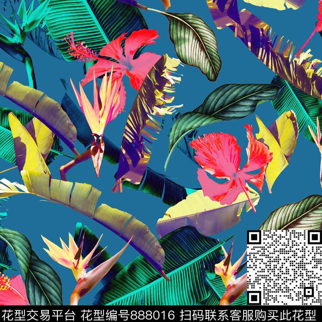 棕榈叶花朵天堂鸟花数码印花华亿平台下载（图片编号: 888016） - 瓦栏（Walan）