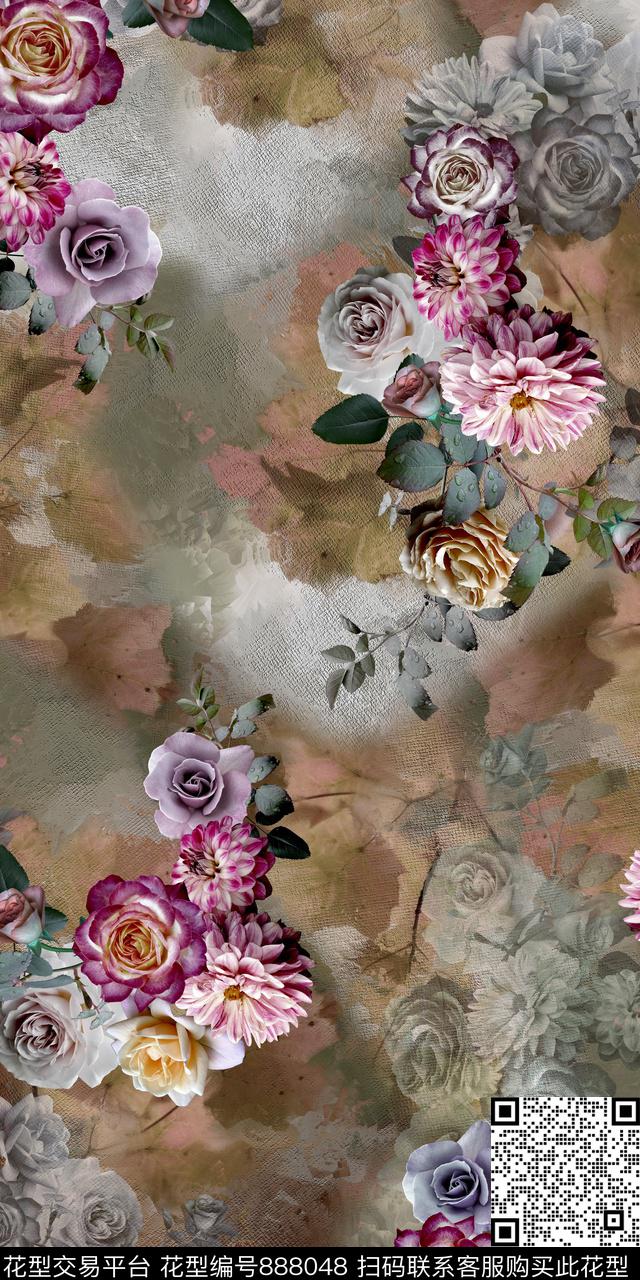花卉数码玫瑰数码印花华亿平台下载（图片编号: 888048） - 瓦栏（Walan）