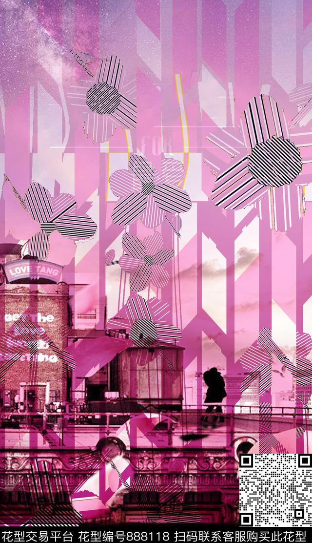 抽象定位花欧式抽象花数码印花华亿平台下载（图片编号: 888118） - 瓦栏（Walan）