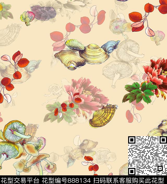 蘑菇花卉牡丹叶子数码印花华亿平台下载（图片编号: 888134） - 瓦栏（Walan）