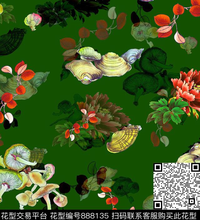 蘑菇花卉牡丹叶子数码印花华亿平台下载（图片编号: 888135） - 瓦栏（Walan）