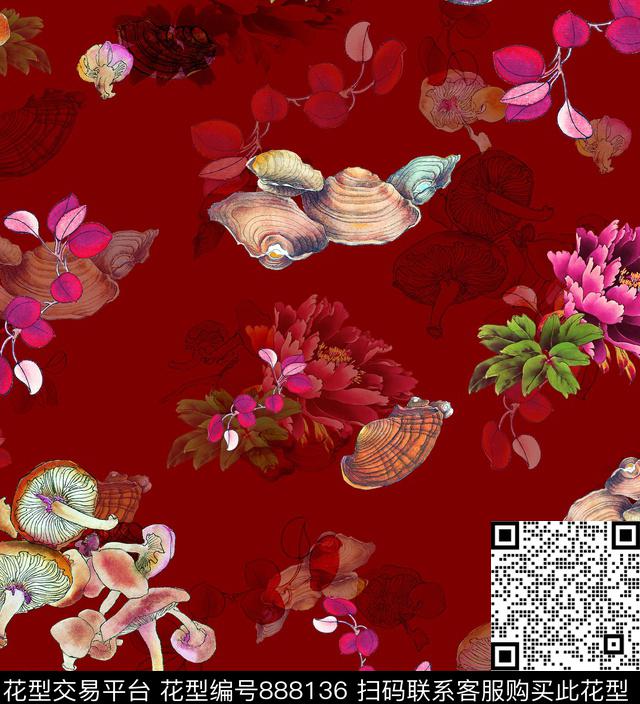 蘑菇花卉牡丹叶子数码印花华亿平台下载（图片编号: 888136） - 瓦栏（Walan）