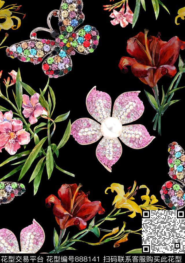 花卉珠宝蝴蝶数码印花华亿平台下载（图片编号: 888141） - 瓦栏（Walan）