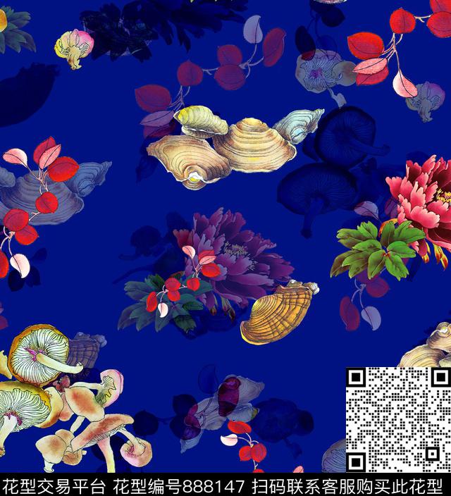 蘑菇花卉牡丹叶子数码印花华亿平台下载（图片编号: 888147） - 瓦栏（Walan）