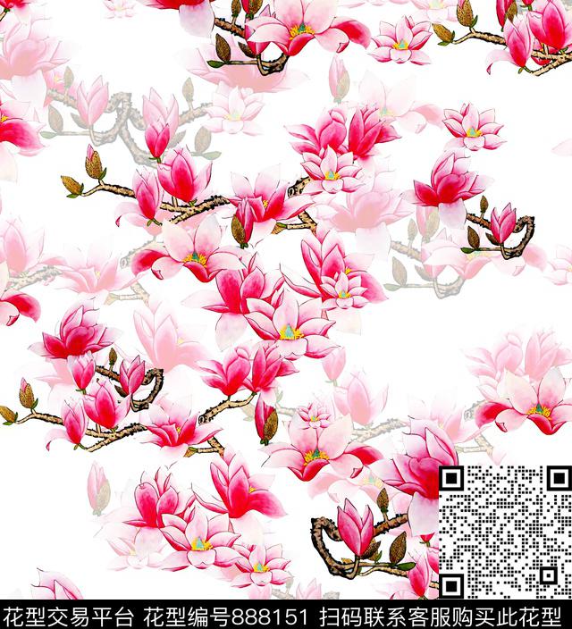 国画花卉玉兰花数码印花华亿平台下载（图片编号: 888151） - 瓦栏（Walan）
