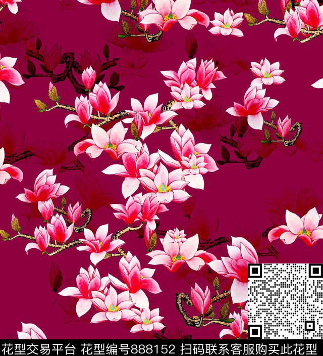 国画花卉玉兰花数码印花华亿平台下载（图片编号: 888152） - 瓦栏（Walan）