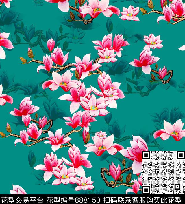 国画花卉玉兰花数码印花华亿平台下载（图片编号: 888153） - 瓦栏（Walan）