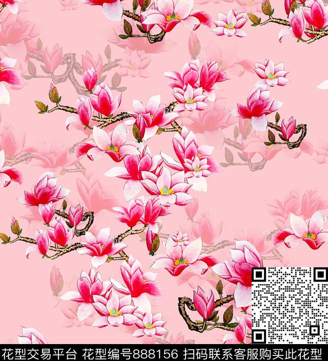 国画花卉玉兰花数码印花华亿平台下载（图片编号: 888156） - 瓦栏（Walan）
