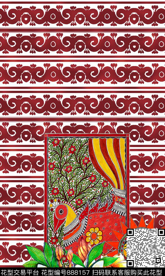 几何民族风花卉数码印花华亿平台下载（图片编号: 888157） - 瓦栏（Walan）