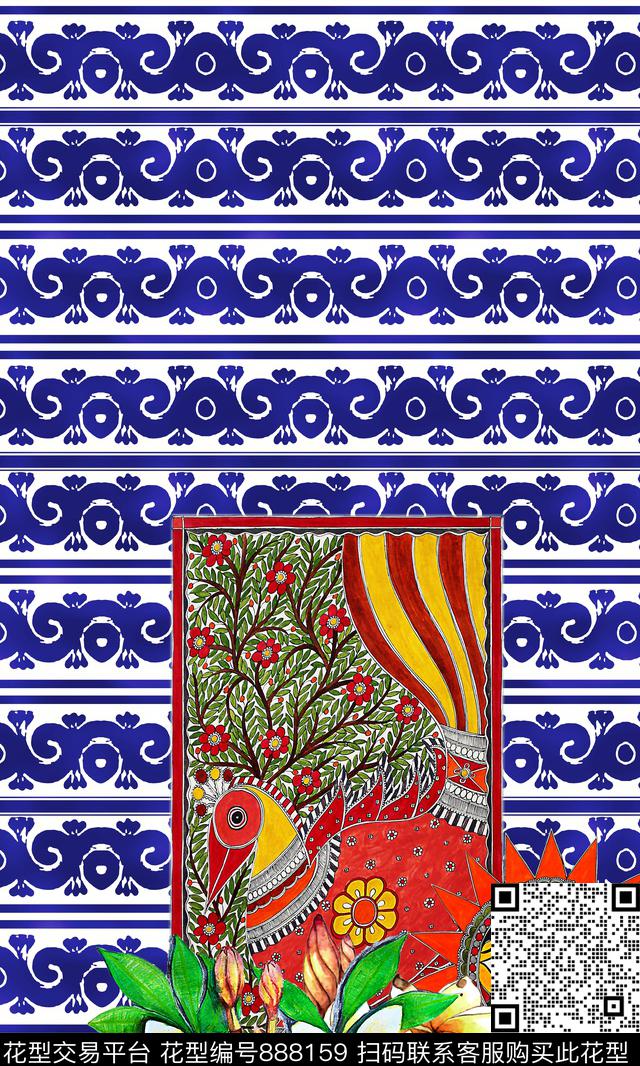 几何民族风花卉数码印花华亿平台下载（图片编号: 888159） - 瓦栏（Walan）