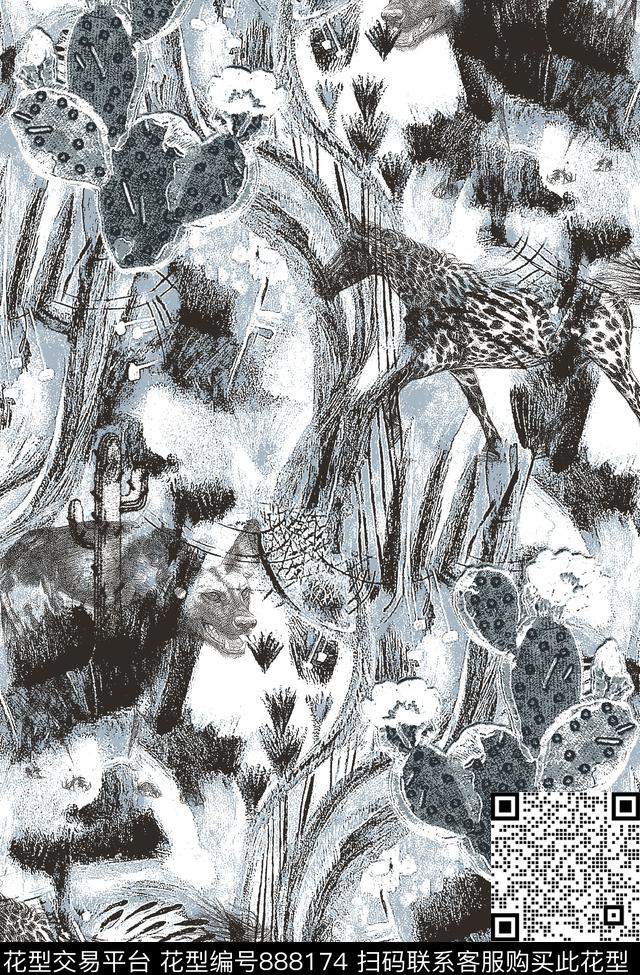抽象纹理仙人掌动物传统印花华亿平台下载（图片编号: 888174） - 瓦栏（Walan）