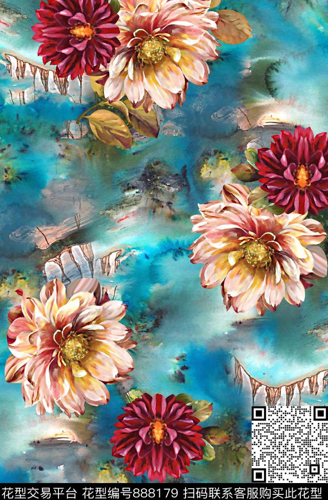 花卉水彩花卉复古纹理数码印花华亿平台下载（图片编号: 888179） - 瓦栏（Walan）