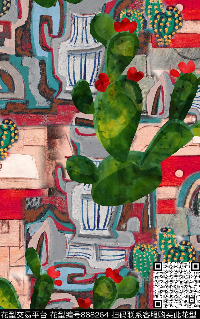 欧式波西米亚仙人掌数码印花华亿平台下载（图片编号: 888264） - 瓦栏（Walan）
