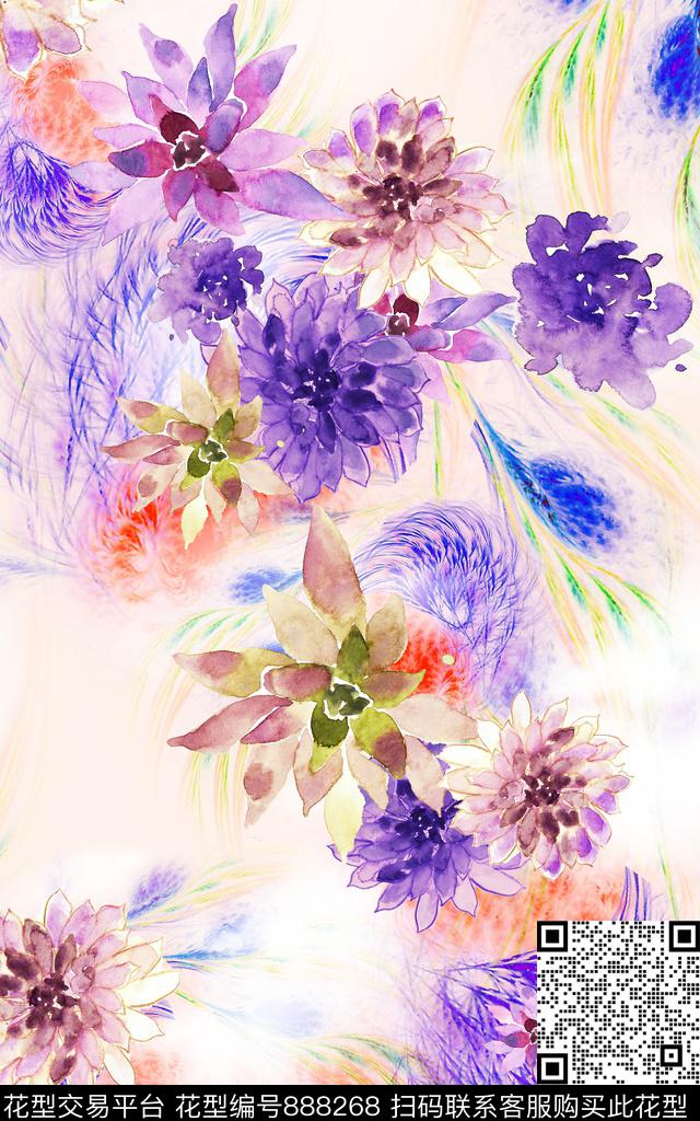 花卉花朵水彩数码印花华亿平台下载（图片编号: 888268） - 瓦栏（Walan）