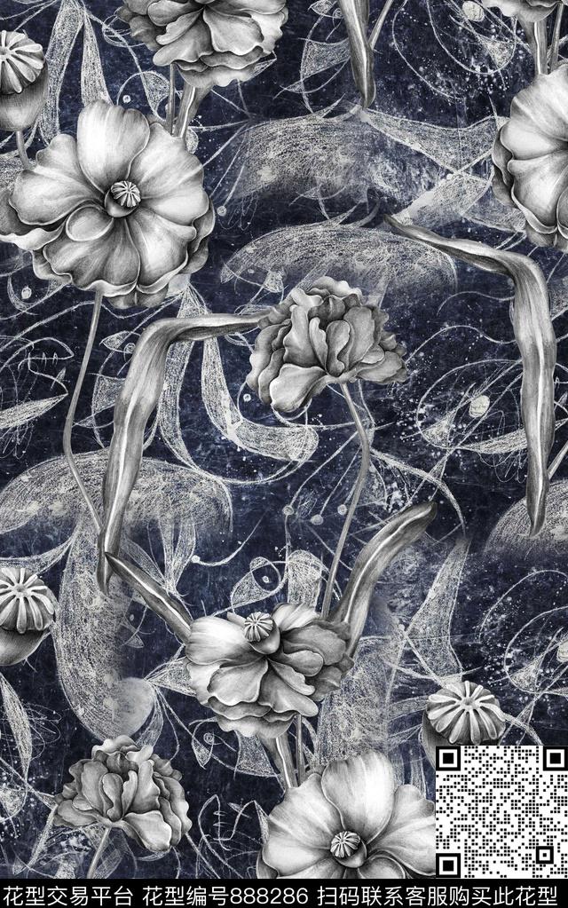 牛仔肌理花卉数码印花华亿平台下载（图片编号: 888286） - 瓦栏（Walan）